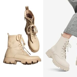 Faux Leather Lace Up Platform Ankle Combat Boots Cream Size 8